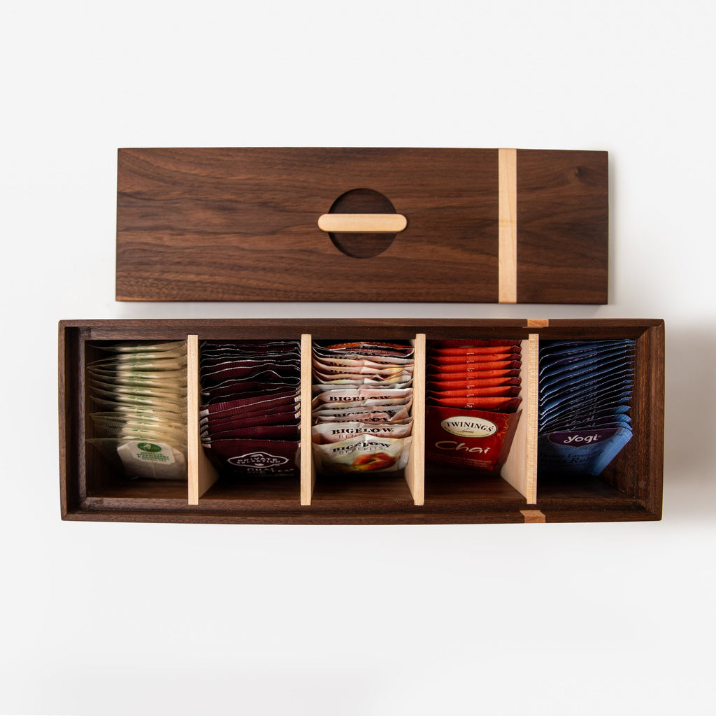 Handcrafted Black Walnut & Maple Tea Storage Box — 5 Compartments