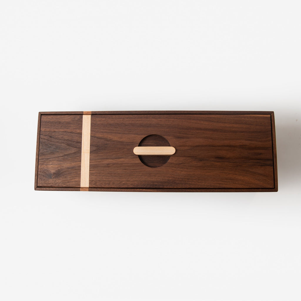 Handcrafted Black Walnut & Maple Tea Storage Box — 5 Compartments