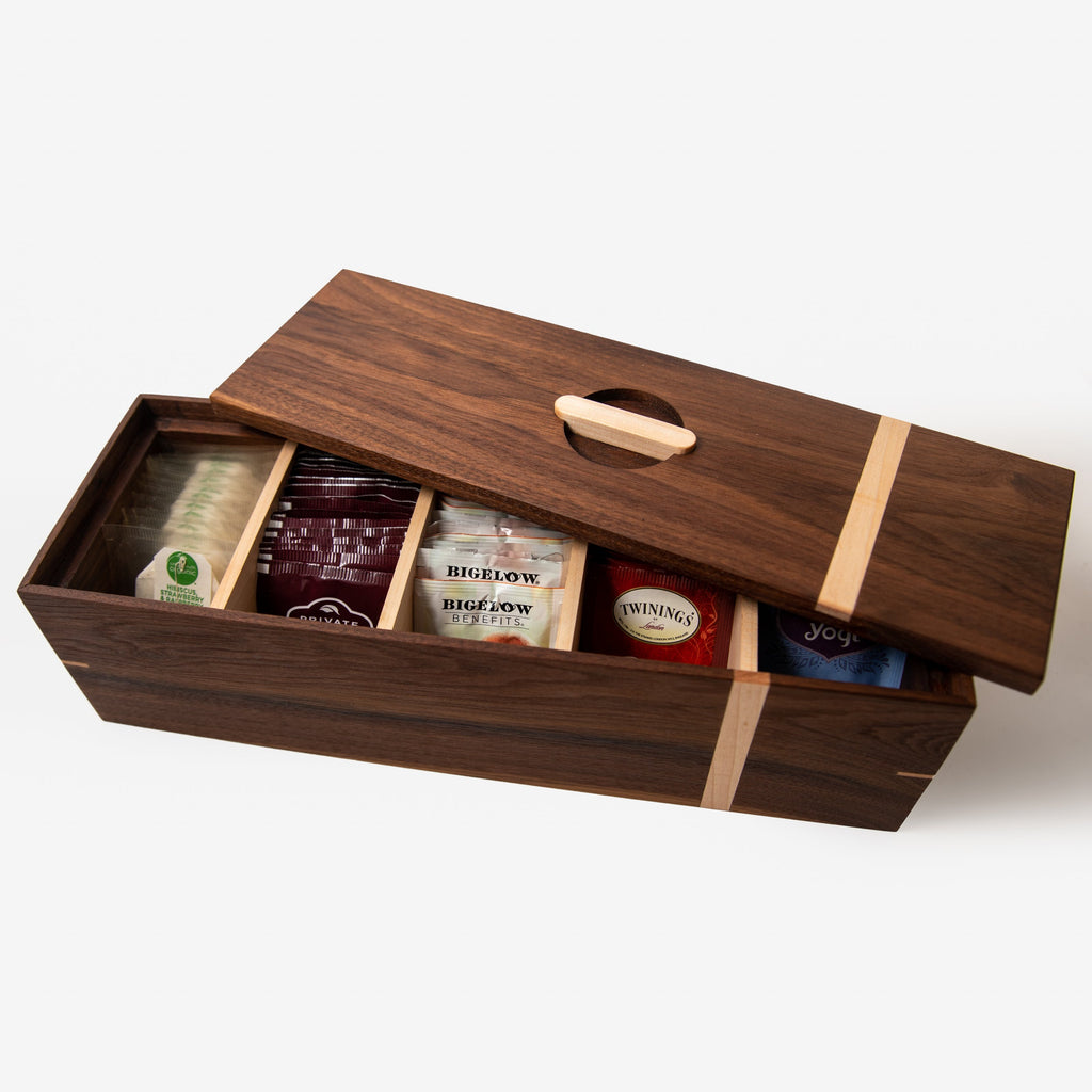 Handcrafted Black Walnut & Maple Tea Storage Box — 5 Compartments